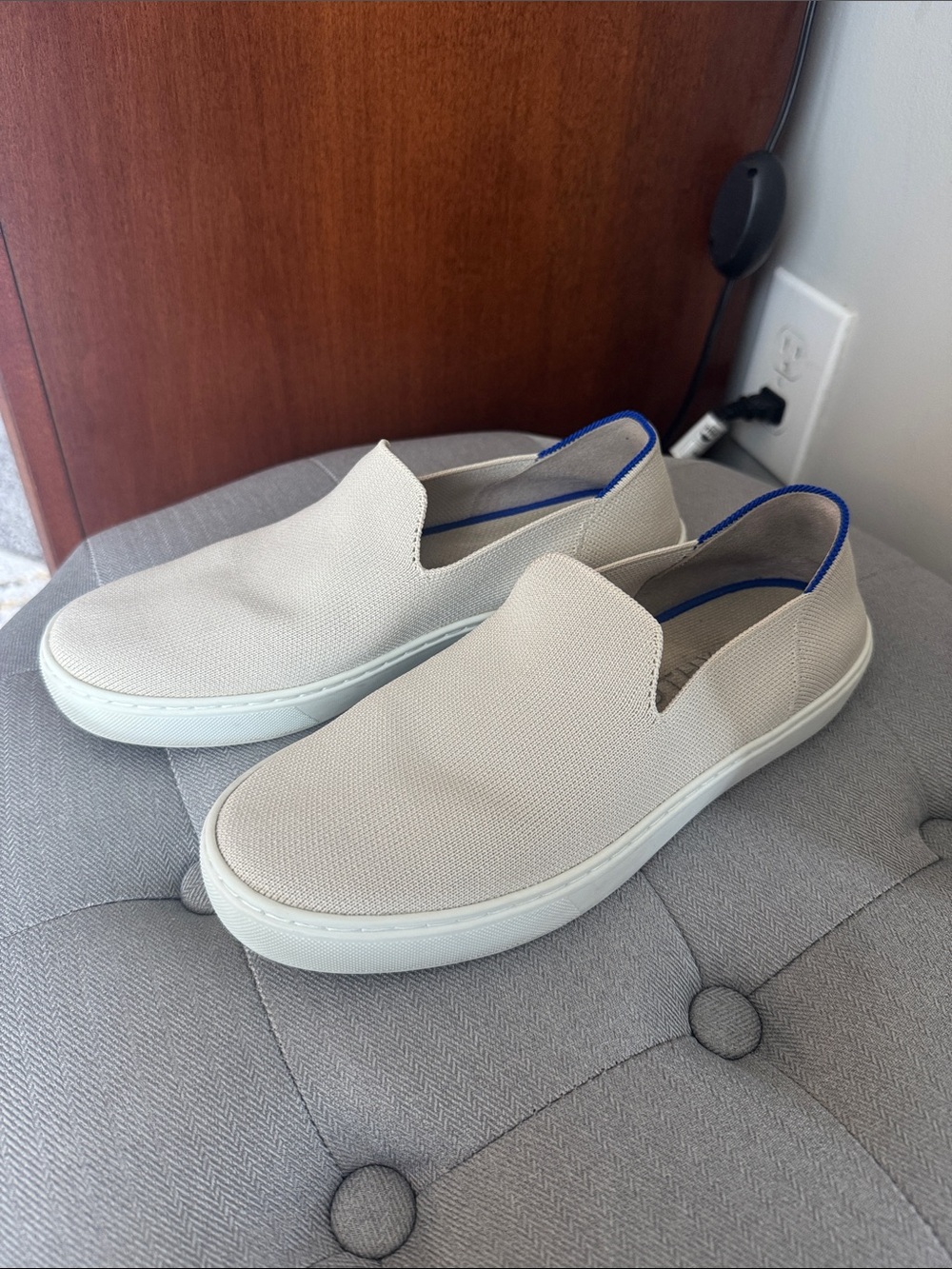 Rothy's Slip-On Sneakers in Light Beige with Blue Trim